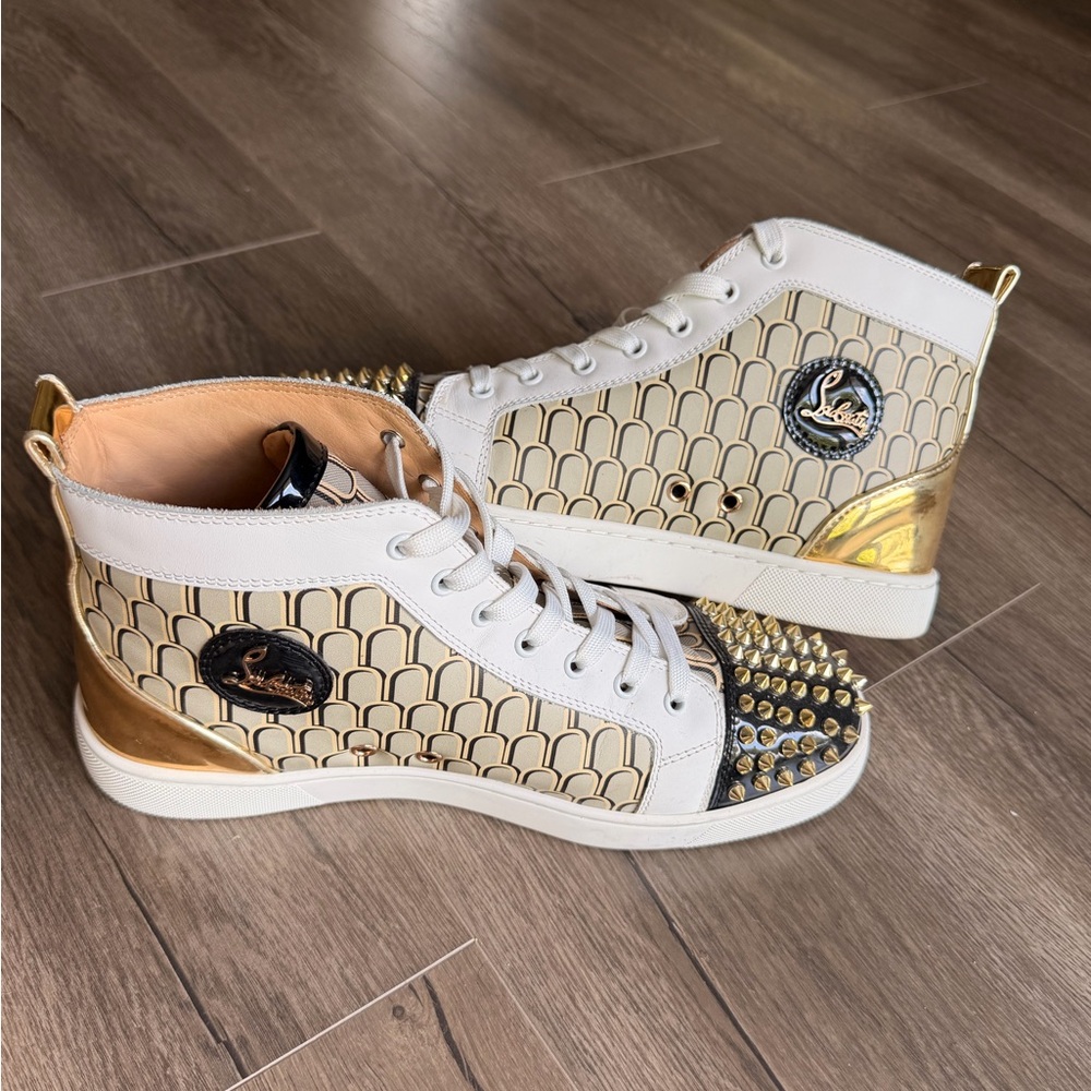 Christian Louboutin White and Gold Studded High-Top Sneakers